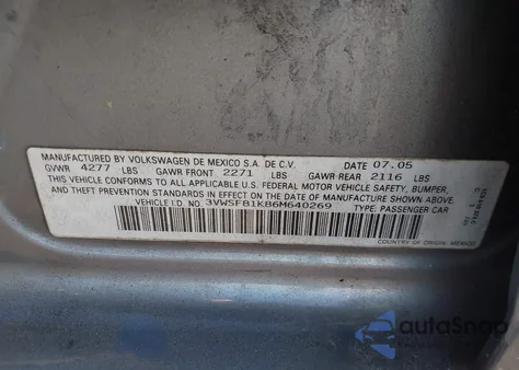 2006 Volkswagen Jetta 2.5 from USA, damaged, VIN 3VWSF81K86M640269